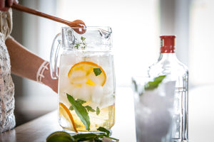 stirring cocktail pitcher with long wooden tasting spoon - Earlywood